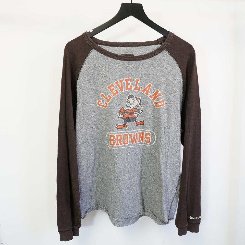 NFL Vintage Reebok Cleveland Browns Brownie Elf Raglan Long Sleeve Shirt L Grey - Picture 1 of 6